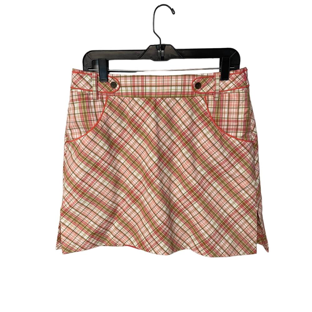 Tehama Green pink green plaid side zip athletic skort w/ pockets women's size 8